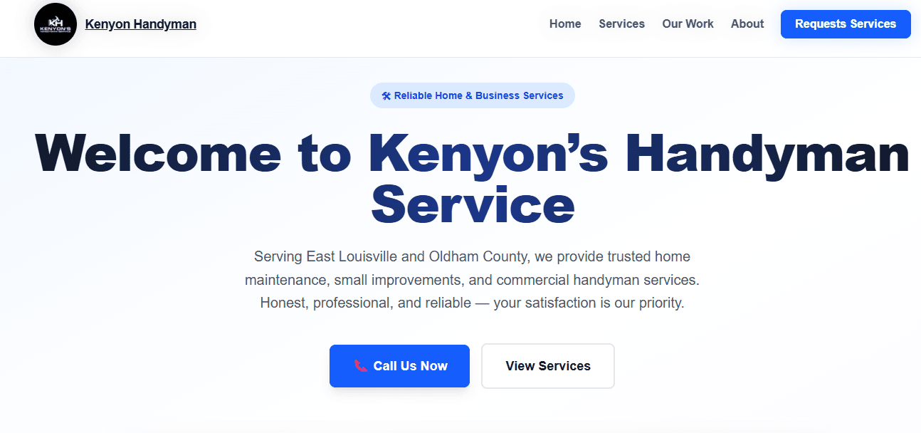 Kenyon Handyman Service website preview showing professional design